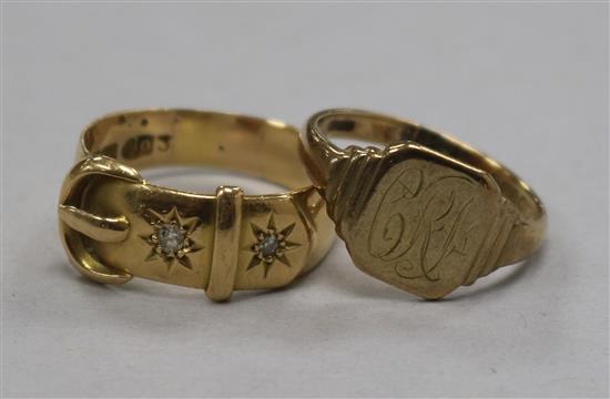 An 18ct gold and diamond gypsy-set belt ring and a 9ct gold signet ring